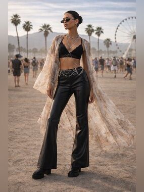 TIGER MIST Black Faux Leather Flared Pants  Coachella festival vibe